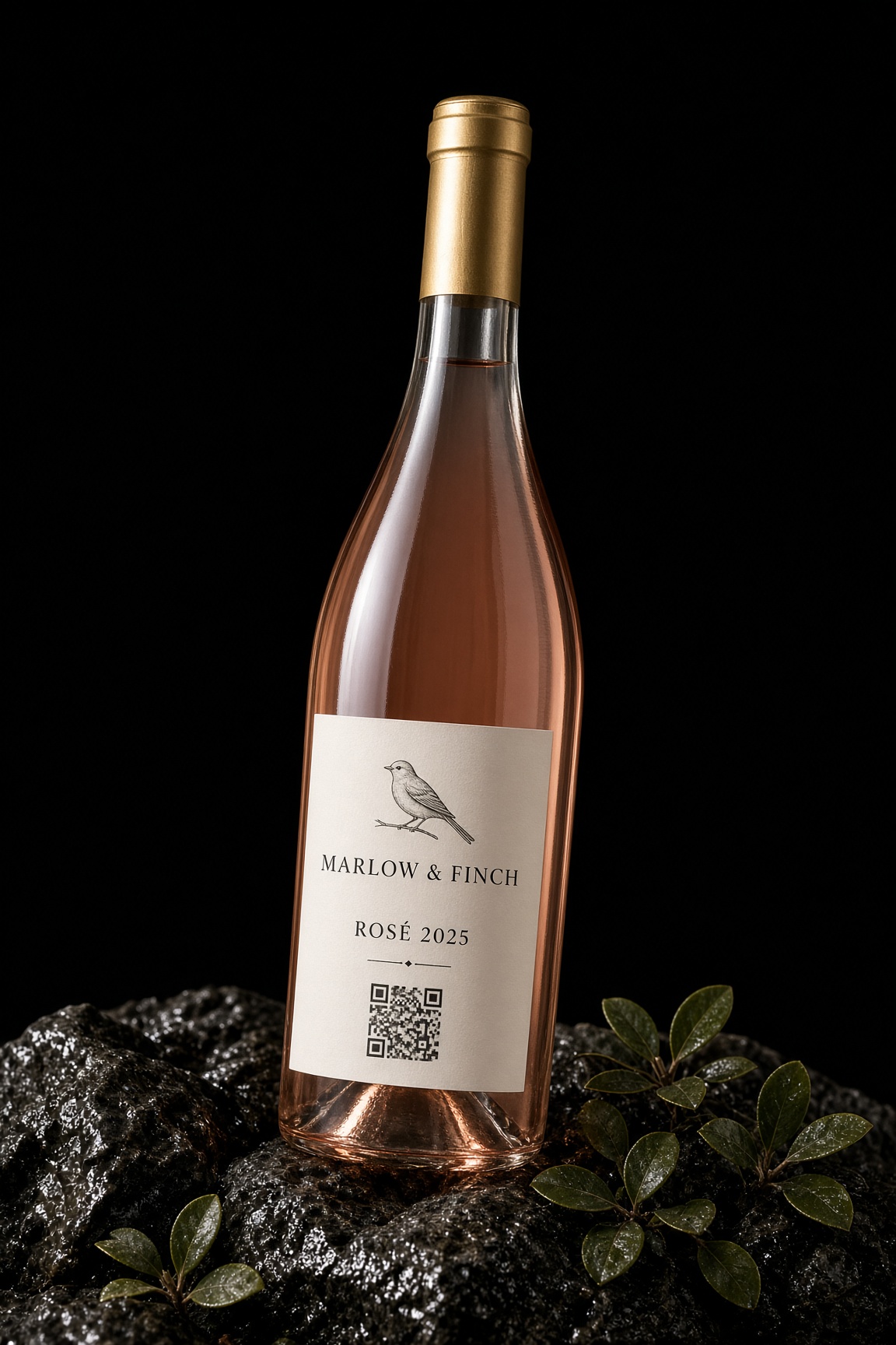 A bottle of Marlow & Finch Rosé 2025 with a QR code on its label